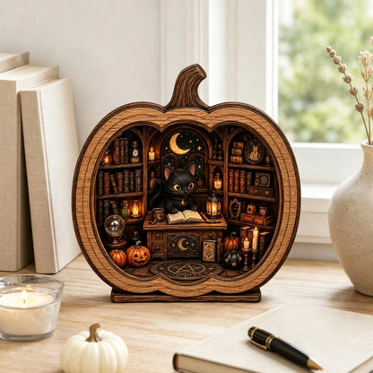 Black Cat Stand Cat Bookshop Pumpkin Figurine Black Pumpkin Scene Display Stand Halloween Pumpkin Figurine