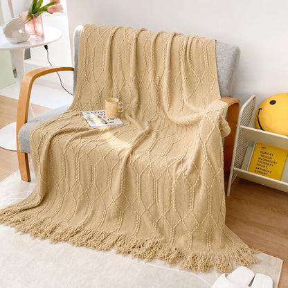 Sage Green Diamond Knit Throw Blanket with Tassels