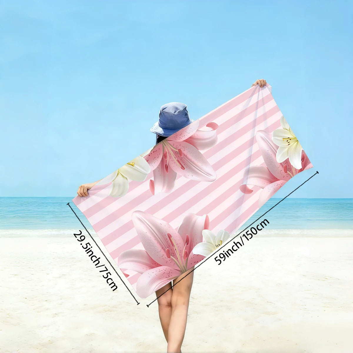 1pc pink striped beach towel, large floral printed beach towel, ultra-fine