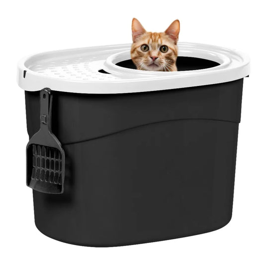 Grande litière pour chat à entrée par le haut — Couvercle récupérateur de litière, pelle et conception fermée pour un nettoyage facile
