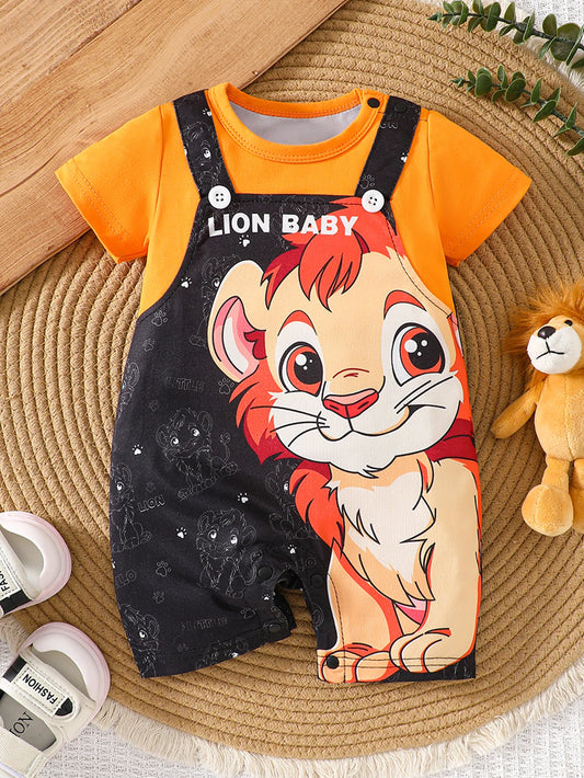 Cartoon Lion Print Short Sleeve Baby Romper