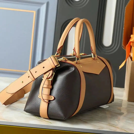 Dark Brown Pebbled Leather Boston Duffle Bag