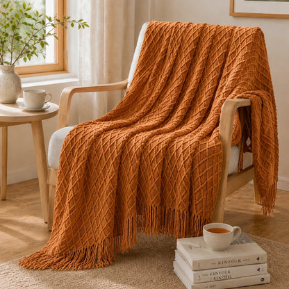 Sage Green Mixed Bobble Diamond Textured Knit Throw Blanket with Tassel Fringe, Soft Knitted Decorative Blanket, Lightweight Cozy Cover for Couch Sofa Bed, Boho Farmhouse Home Decor for Living Room Bedroom