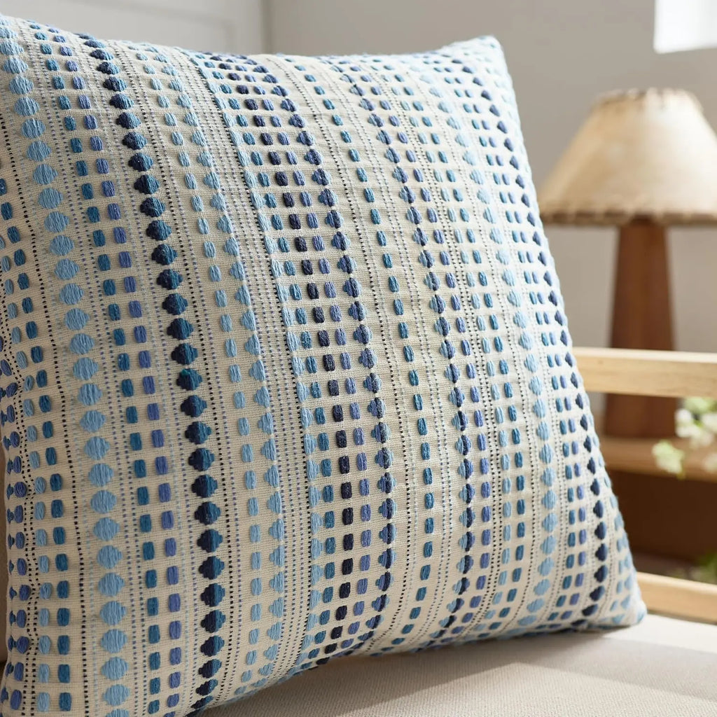 Blue Boho Striped Chenille and Linen Cushion Cover