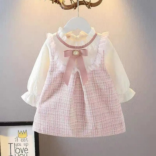 Girls Long Sleeve Loose Dress with Round Neck Bow
