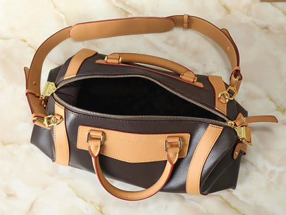 Dark Brown Pebbled Leather Boston Duffle Bag