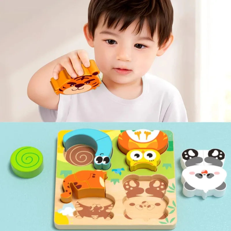 Four-in-one Wooden Toy, 3D Wooden Puzzle, Cartoon Animal, Cognitive Puzzle Early Learning and Educational Toy for Children, Gift