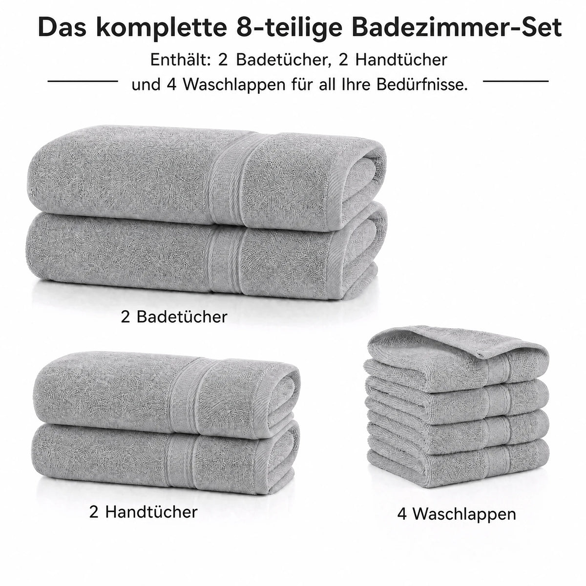 Towels 8 Piece Majestic Plush Luxury Towel Set, Cotton, Grey | Majestic - Bath Towel Set