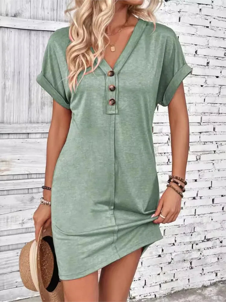 Women's V-Neck Button Down Mini Dress — Casual Summer Beach Party Dress
