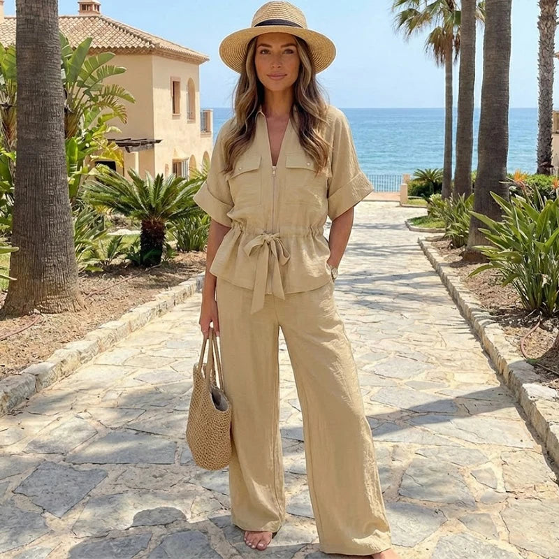 Willshela Women's 2-Piece Set — Zipper Shirt & High Waist Elastic Trousers
