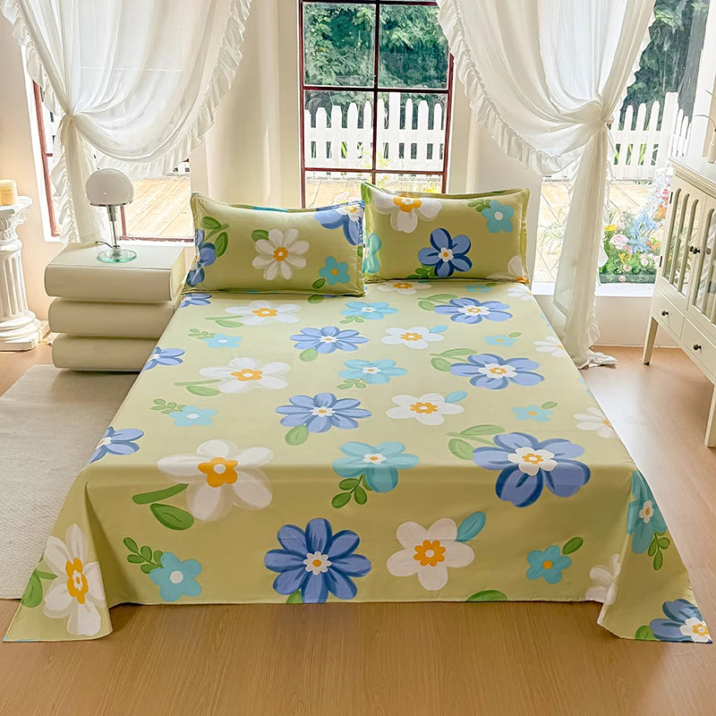 3PCS Bed Flat Sheet WITH pillowcase Bed Plain Solid Color Top Sheets Single/Queen/King Flat Bedsheets Home Bed Linen Sheets