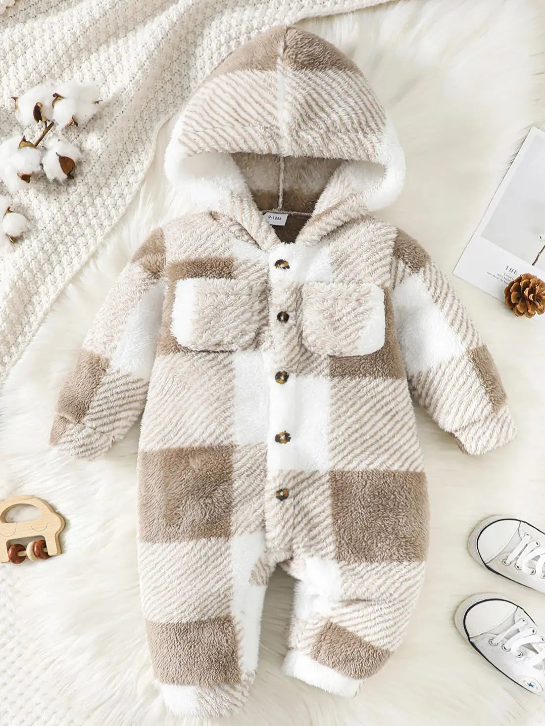 Plaid Hooded Plush Jumpsuit, Winter Warm Romper