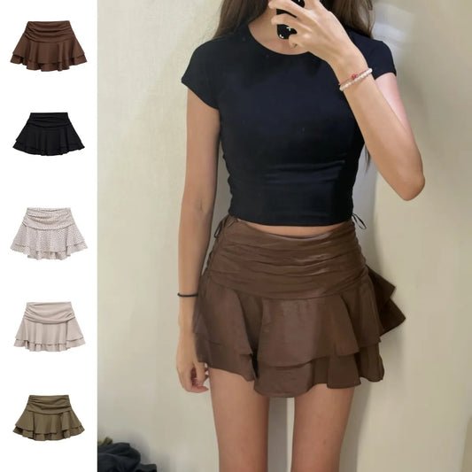 ETJ Jupe-short superposée à volants pour femme — Taille mi-haute, style jeune femme tendance