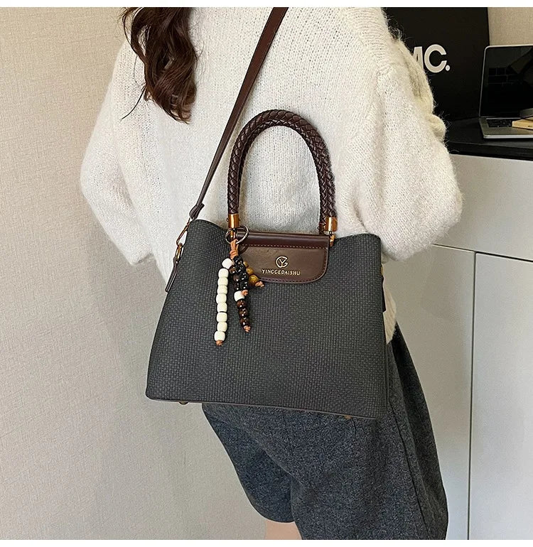Dark Khaki Faux Leather Tote, Braided Handle & Wood Beads