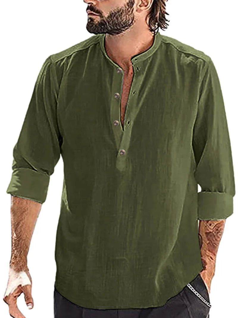 Men's Casual Long Sleeve Henley Shirt — Mandarin Collar Loose Fit Pullover Top