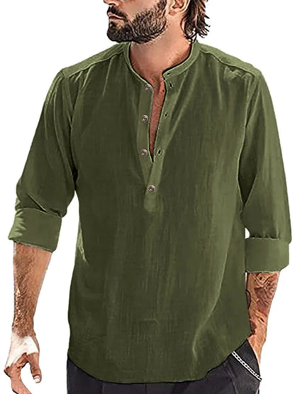 Men's Casual Long Sleeve Henley Shirt — Mandarin Collar Loose Fit Pullover Top