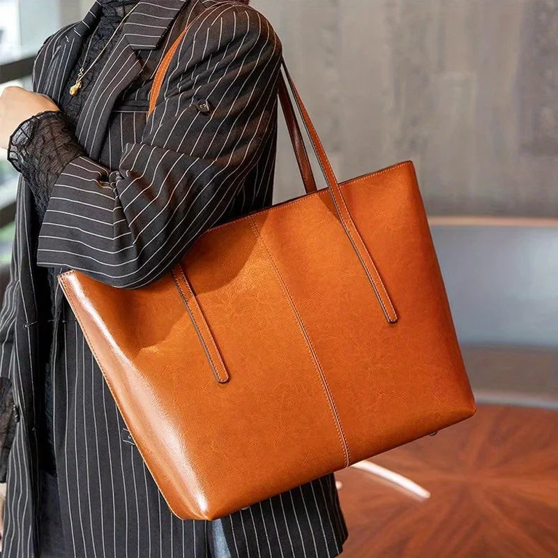 Red Cowhide Leather Tote Bag, Extra Large Capacity