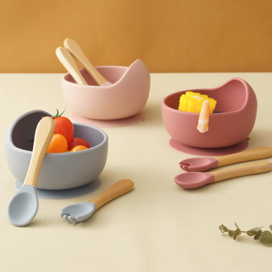 3-Piece Silicone Baby Feeding Bowl Set with Utensils