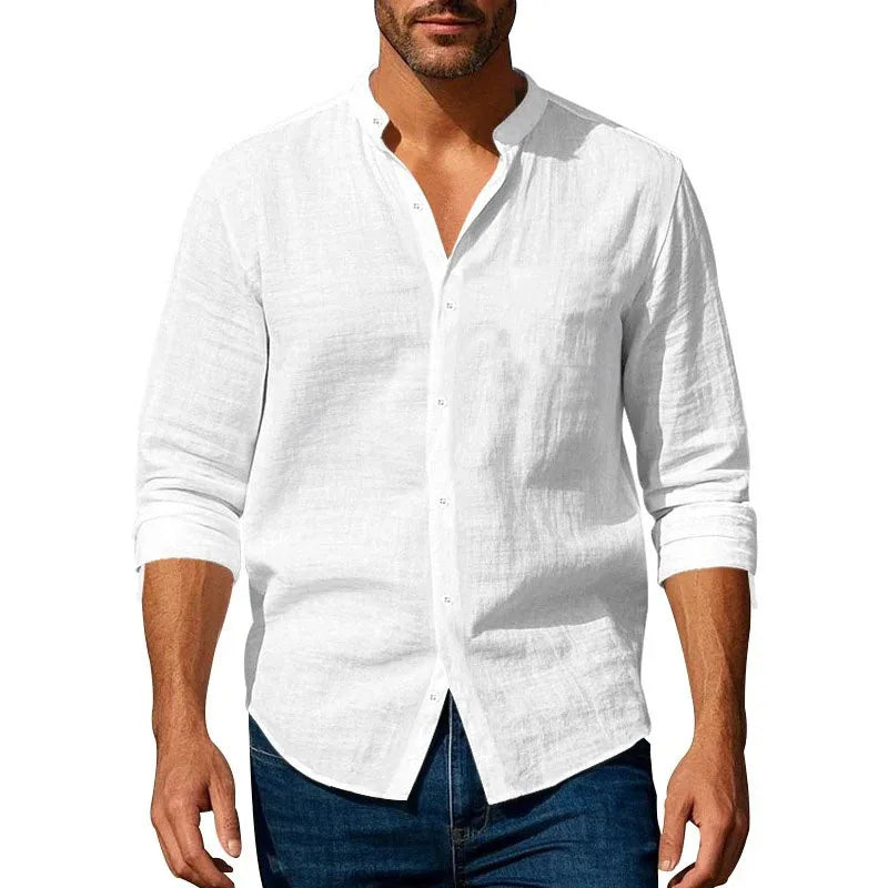 Men's Cotton Linen Henley Neck Slim Fit Shirt — Solid Color Breathable Long Sleeve Button Up