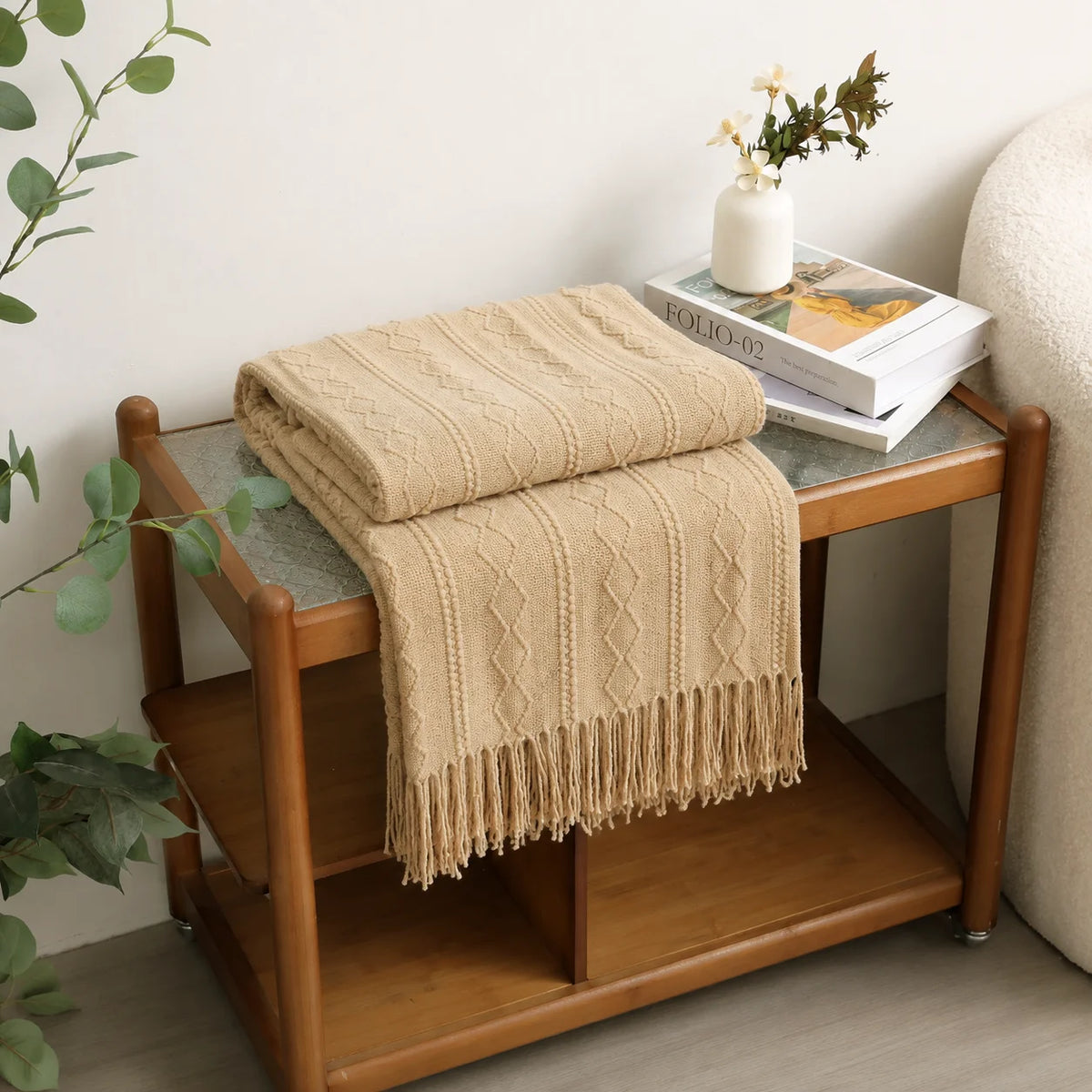 Cream Popcorn Bobble Textured Knit Throw Blanket with Tassel Fringe, Soft Knitted Decorative Blanket, Lightweight Cozy Cover for Couch Sofa Bed, Boho Farmhouse Home Decor for Living Room Bedroom