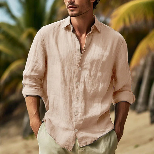 Chemise hawaïenne décontractée en coton et lin pour homme — Col rabattu et respirant, chemise blanche