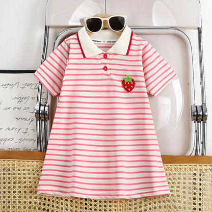 Striped Strawberry Print Girls Summer Dress