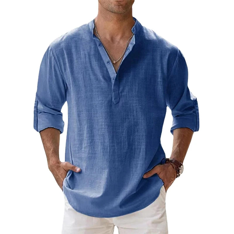 Men's Cotton Linen Long Sleeve Henley Beach Shirt — Lightweight Hawaiian T-Shirt