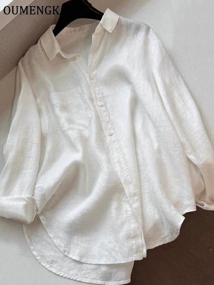 Women's Minimalist Cotton Linen White Shirt — Long Sleeve Loose Blouse