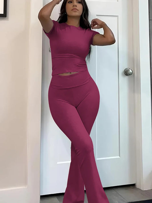Ensemble de yoga 2 pièces pour femme, manches courtes — pantalon évasé et crop top