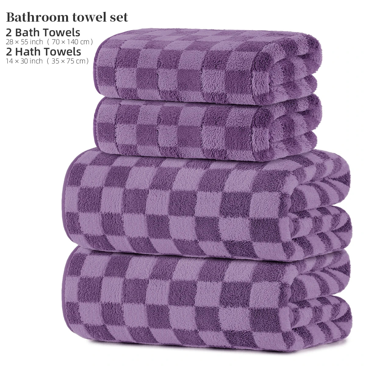 4-Piece Towel Set, 2 Bath Towels + 2 Hand Towels, Checkerboard Pattern