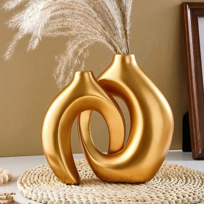Hollow Nordic Modern  Vase Set of 2 for Modern Home Decor,Plastic imitation ceramic Hollow Flower Vases for Living Room