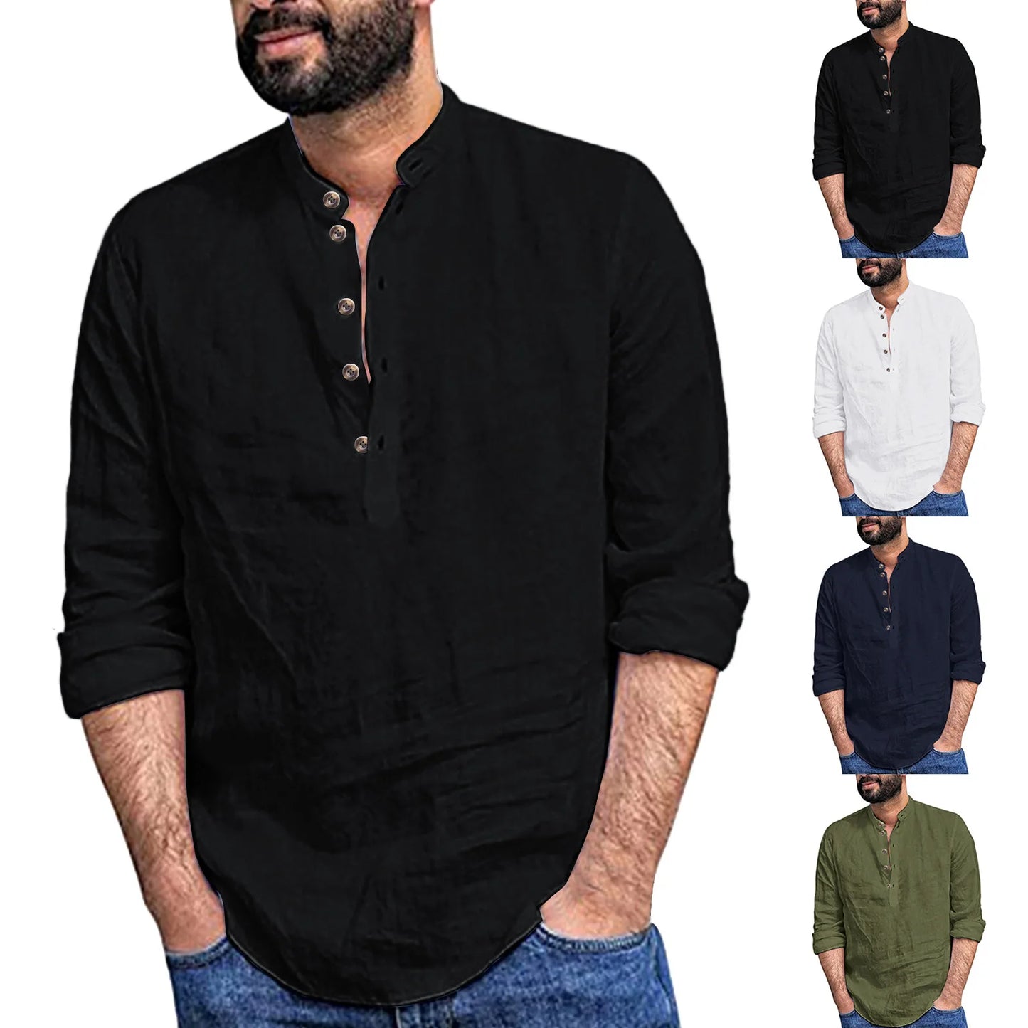 Men's Casual Long Sleeve Henley Shirt — Mandarin Collar Loose Fit Pullover Top