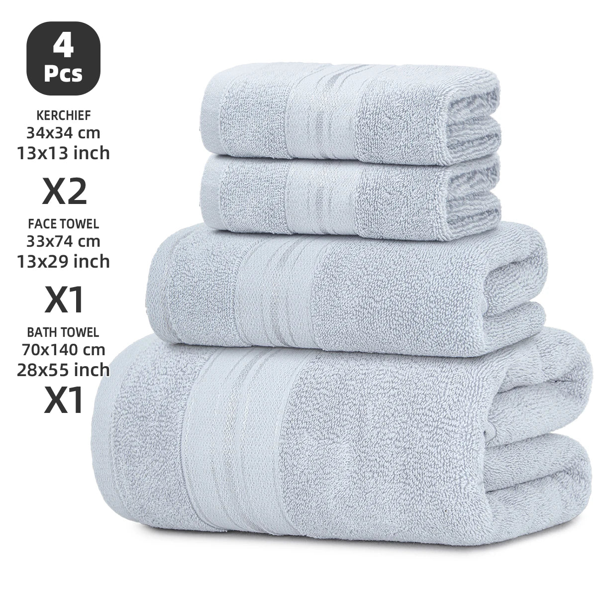 4-Piece Luxury Pure Cotton Bath Towel Set, 1 Bath Towel + 1 Face Towel