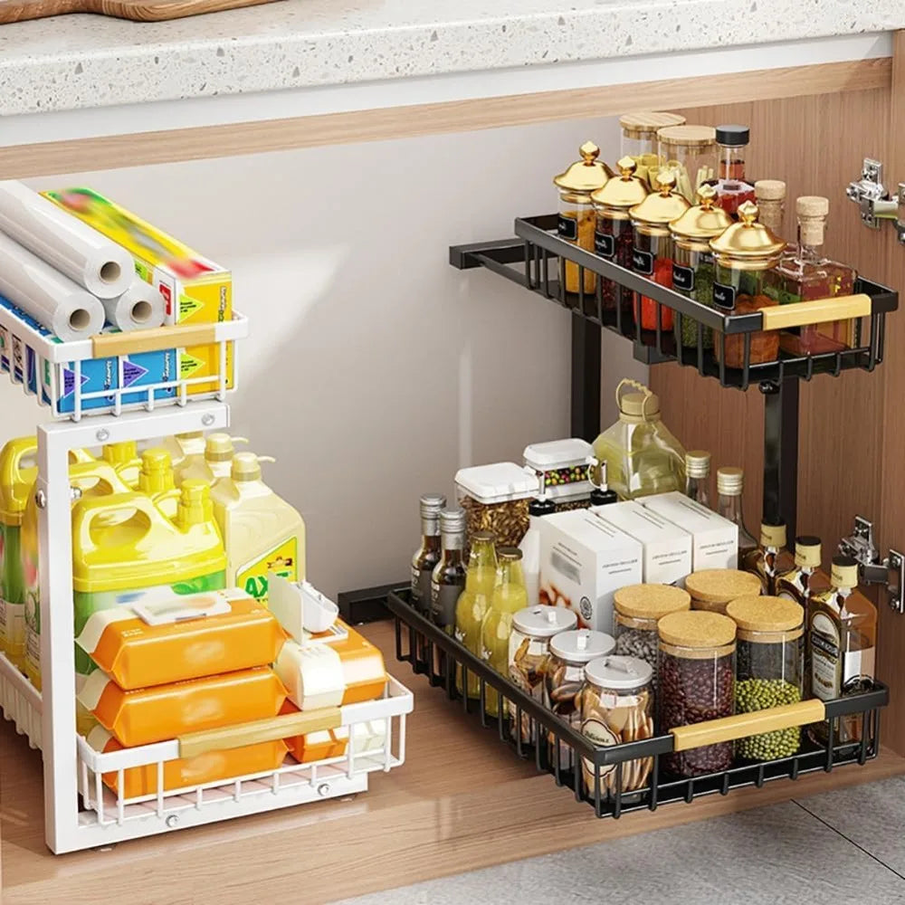 2-Tier Under Sink Organizer with Pull-Out Sliding Drawers, White and Black