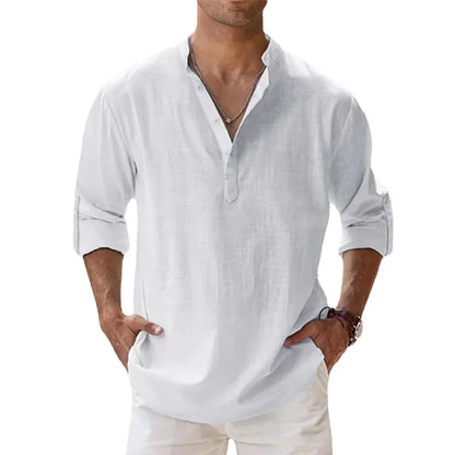 Men's Cotton Linen Long Sleeve Henley Beach Shirt — Solid Color Hawaiian Vacation Top