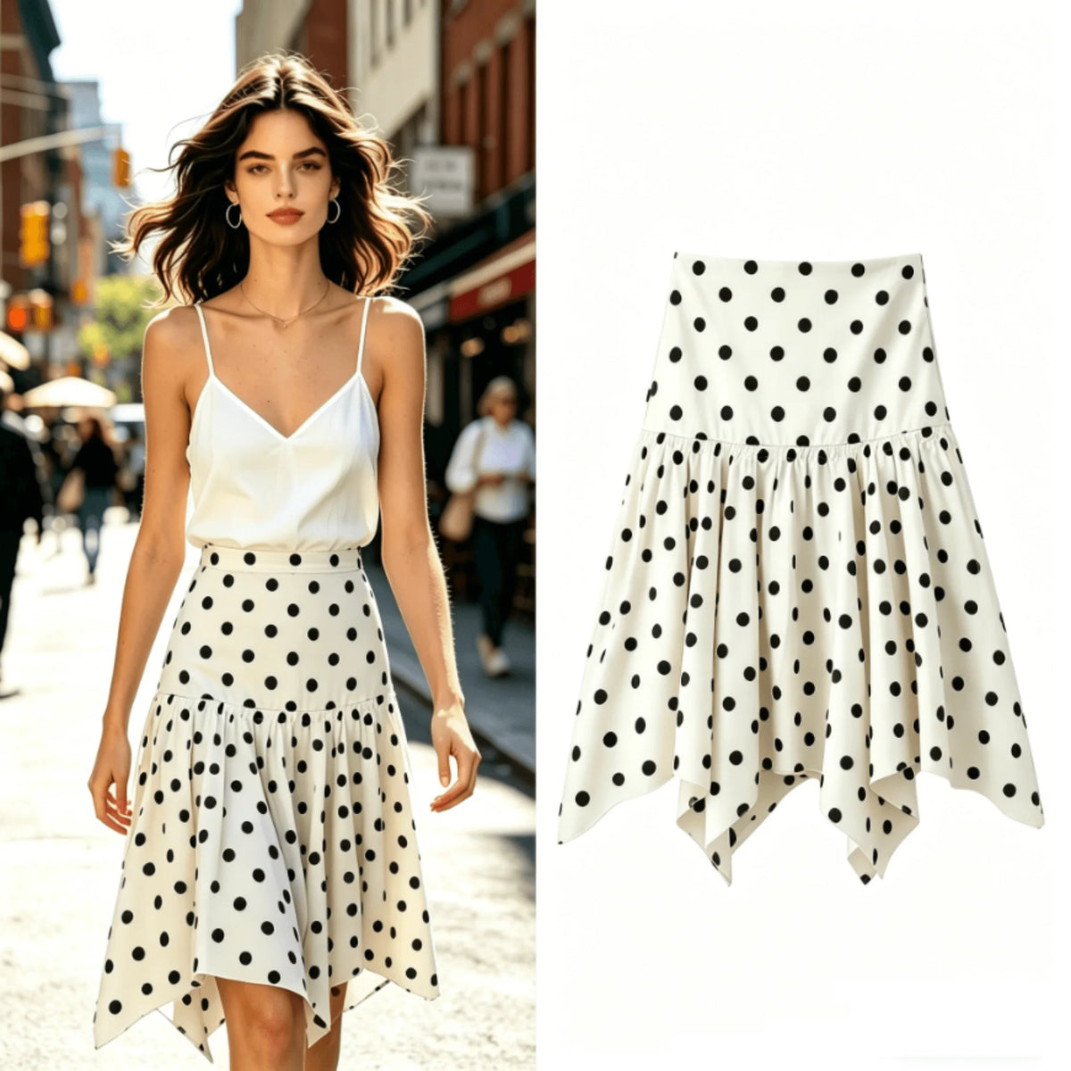 Women's Classic Polka Dot Midi Skirt – High Street Irregular Print Casual Skirt in White & Black