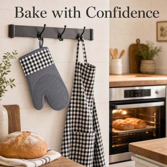 Heat Resistant Silicone Oven Mitt with Cotton Cuff for Baking, BBQ and Microwave