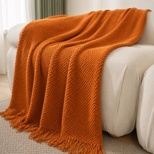Burnt Orange Herringbone Knit Throw Blanket