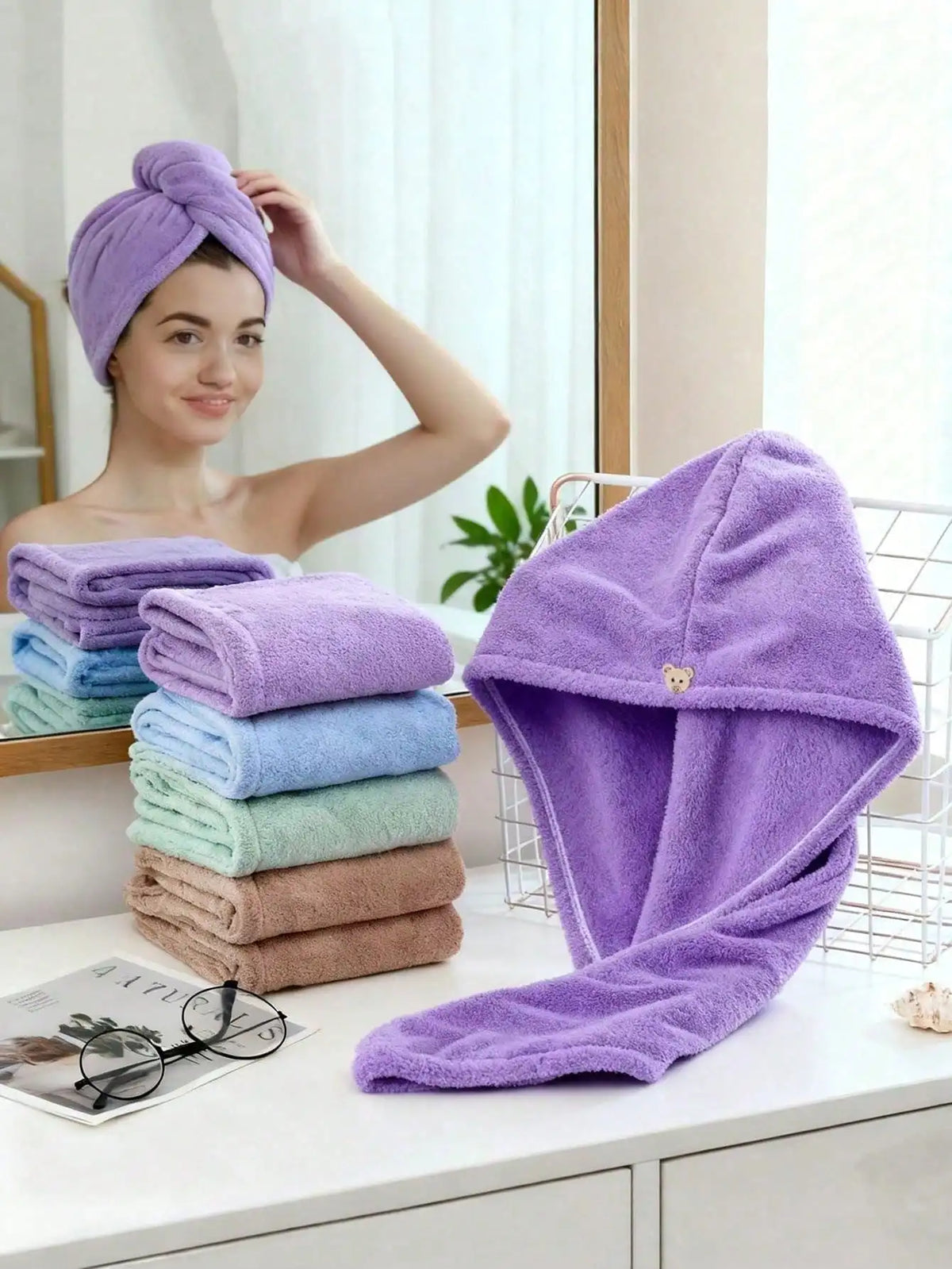 3pcs Women's Quick Dry Absorbent Super Soft Fiber Hair Turban, Coral Fleece Hair Towel