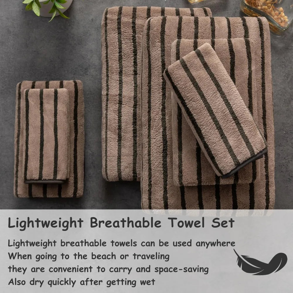 8 Pcs Polyester Brown Cabana Stripe Large Bath Towel Set-2 Bathroom
