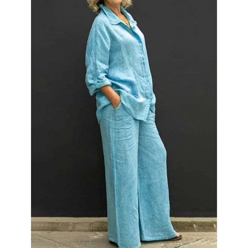 Women's Lapel Shirt & Wide-Leg Pants — Casual Two-Piece Set