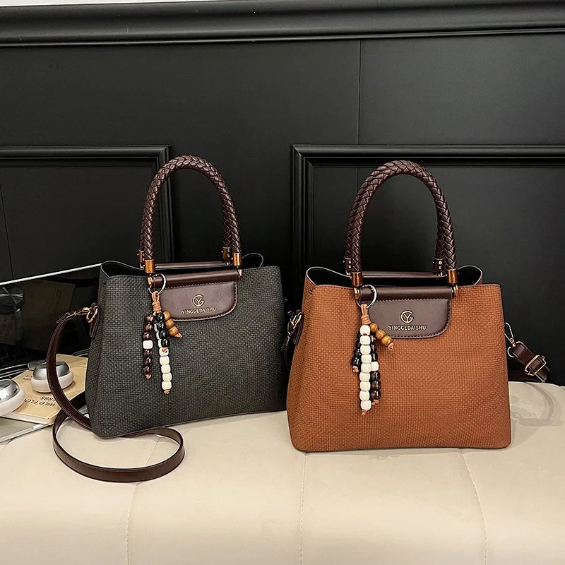 Dark Khaki Faux Leather Tote, Braided Handle & Wood Beads