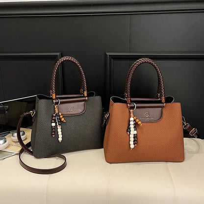 Dark Khaki Faux Leather Tote, Braided Handle & Wood Beads