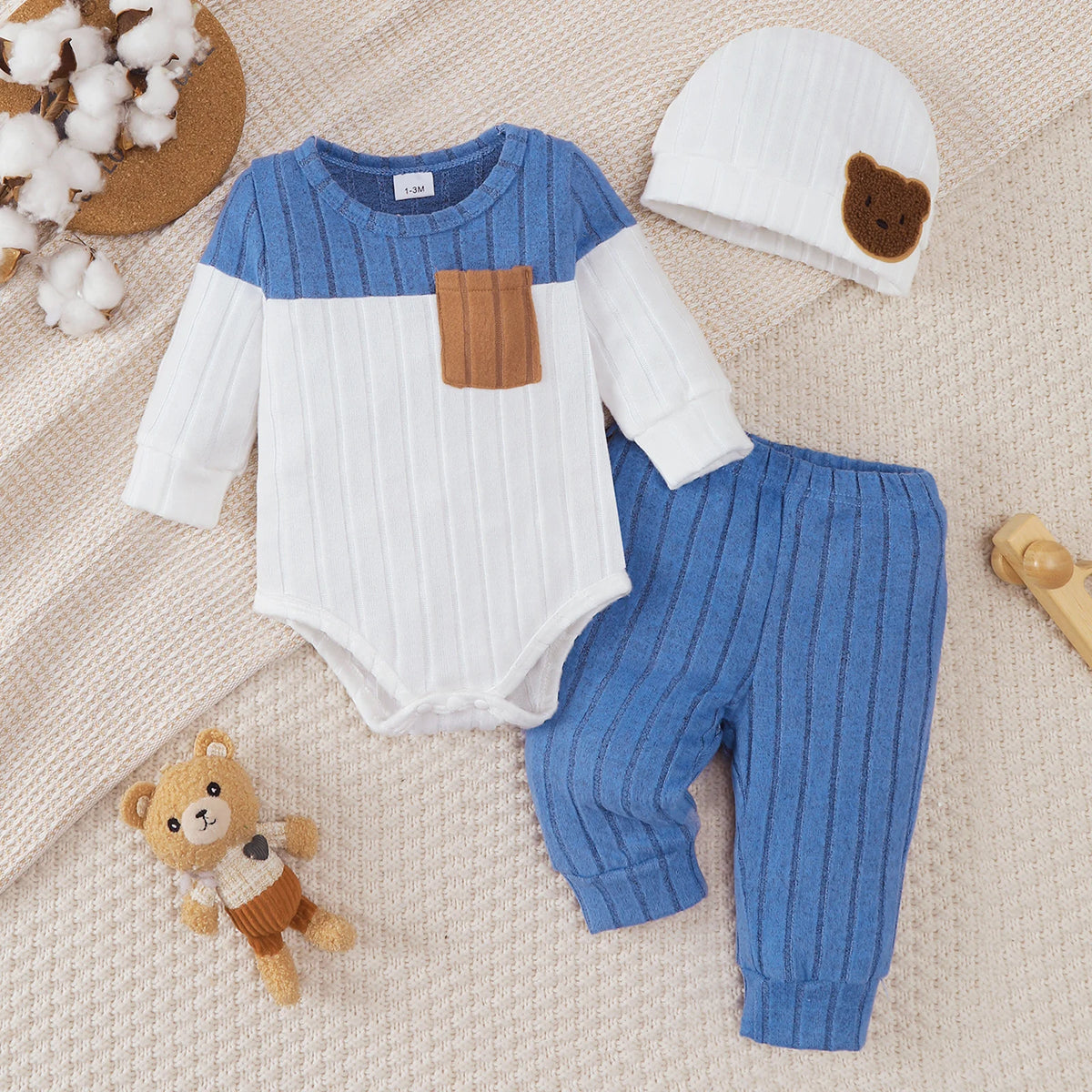 3Pcs/Set of Newborn Baby Boy Color Blocked Long Sleeved Bodysuit+Pants+Cute Hat Set 0-18 Months Baby Boy Spring and Autumn Set