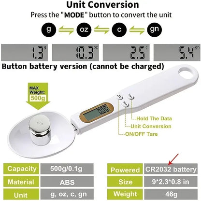 Mini Digital Spoon Scale with LCD Display, 0.1g to 500g for Coffee and Cooking