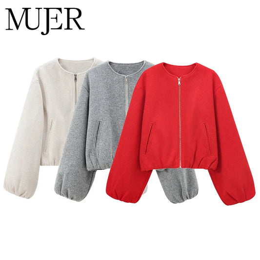 Veste Bomber Rouge à Fermeture Éclair MUJER pour Femme — Veste Courte de Sport à Manches Longues et Douce