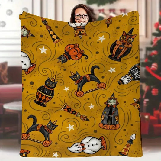 1pc Bethany Heavyweight 280GSM Flannel Halloween Blanket - Vintage Cat, Pumpkin, & Bat Patterns with Mustard-Yellow & Black Spooky Design - Large 60x60 Inches All-Season Cozy Throw for Sofa, Bed, Party Decor - Ideal Gift, Dir