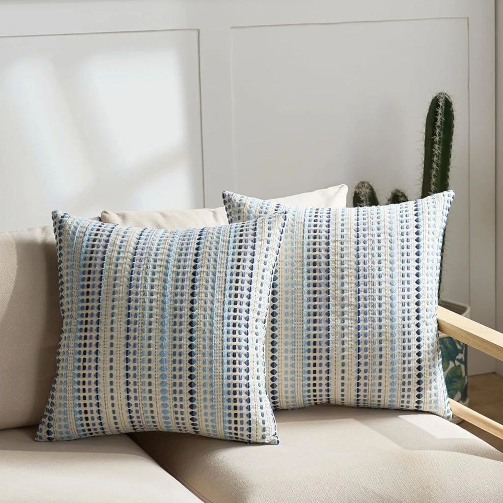 Blue Boho Striped Chenille and Linen Cushion Cover