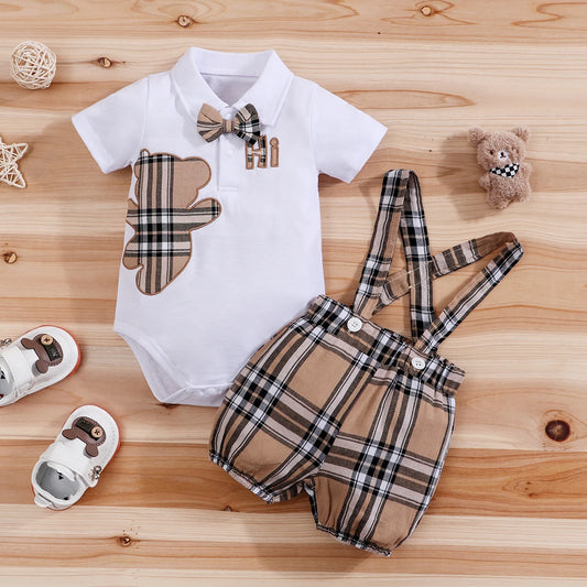 Plaid Bear Print Bodysuit & Suspender Trousers Set