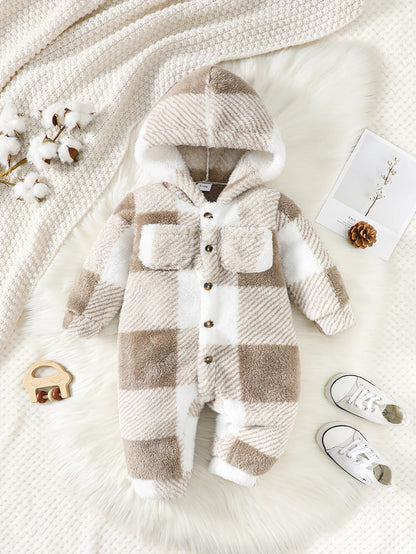 Plaid Hooded Plush Jumpsuit, Winter Warm Romper